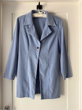 Vintage Y2K Powder Blue Minimalist Longline Blazer Jacket Mod Space Age Coat M/L